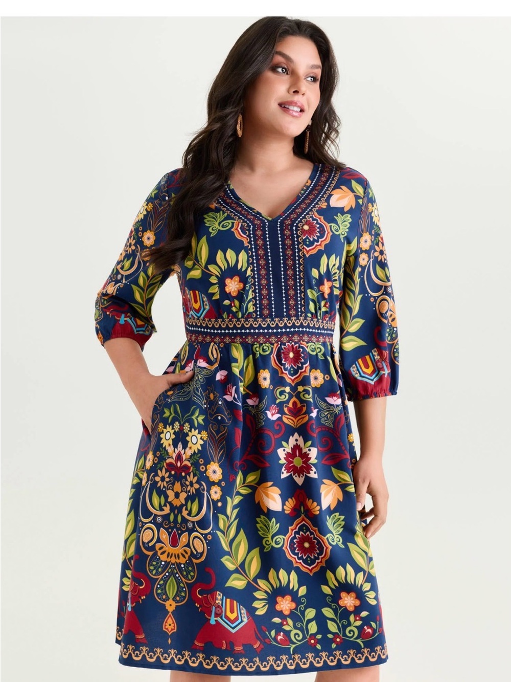 BloomChic Navy Floral & Paisley V-Neck Midi Dress